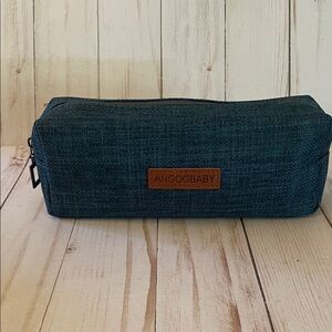 Dark Blue Linen Weave Color Travel Cosmetic Pencil Pouch Top Zipper Boxed NEW